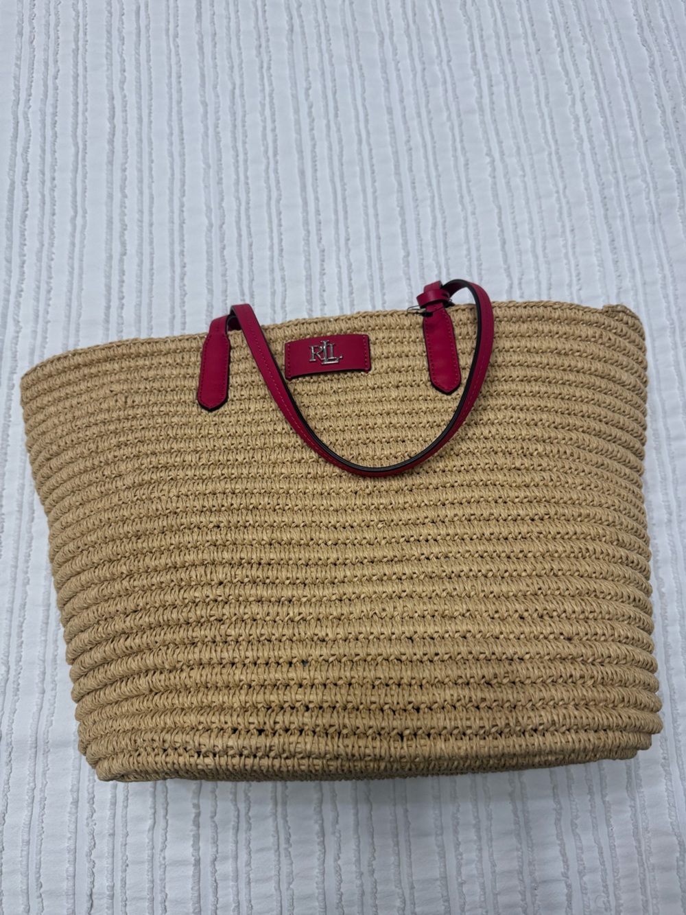 Ralph Lauren Straw Tote Bag with Red Leather Trim